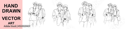 Trendy fashionable couple hand drawn sketch vector illustration in casual modern outfits drinking coffee streetwear concept black and white stylish artwork design