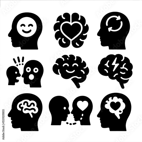 Emotional Brain Icons. Solid style icons of emotions and brain interaction: emotional brain icon, brain with heart overlay, mood