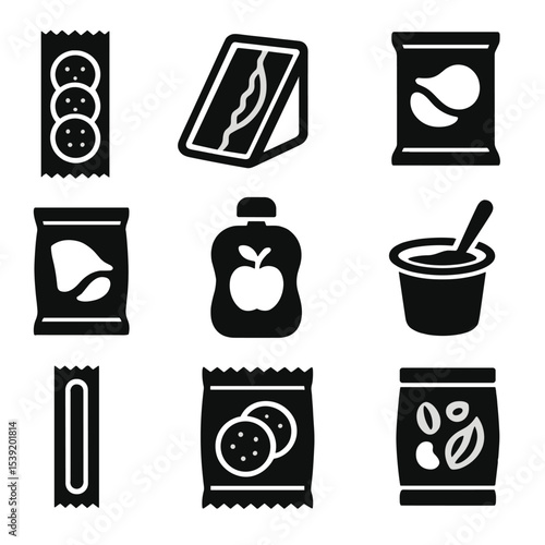 Solid Snack Icons. Solid style icons of convenience snacks: cracker sleeve, mini sandwich pack, vending machine snack,