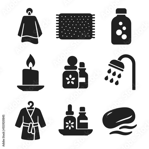 Bathroom Coziness Icons. Solid style icons of bathroom coziness: warm towel icon, soft bath mat, bubble bath bottle, calm shower