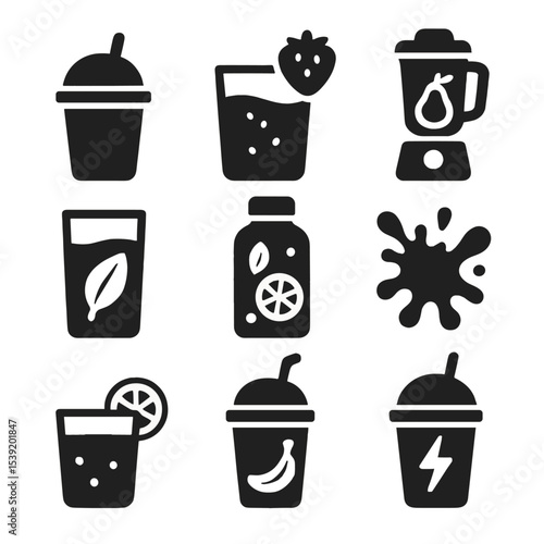 Solid Drink Icons. Solid style icons of smoothies and fruit drinks: smoothie cup with straw, juiced glass icon, fruit blender,