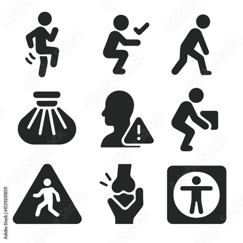 Safety Icons Collection. Solid style icons of injury prevention and safety: warm-up icon, proper form symbol, stretching before