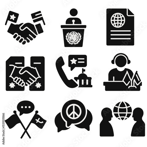 Diplomatic Communication Icons. Solid style icons of diplomatic and political communication: handshake with flags, speech at UN