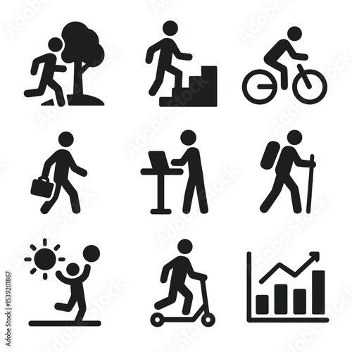 Active Lifestyle Icons. Solid style icons of active lifestyle symbols: park run icon, stairs instead of elevator, cycling to work,