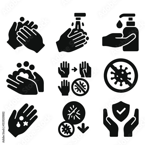 Hand Hygiene Icons. Solid style icons of hand hygiene: lathered hands, washing with running water, rinsing hands, drying with