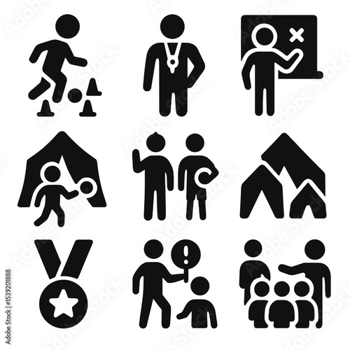 Youth Coaching Icons. Solid vector icons of youth and school coaching: child learning drills, school coach icon, beginner tactics