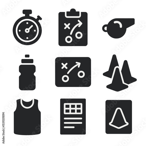 Coaching Equipment Icons. Solid vector icons of coaching equipment: stopwatch, tactical board, whistle icon, water bottle, tablet