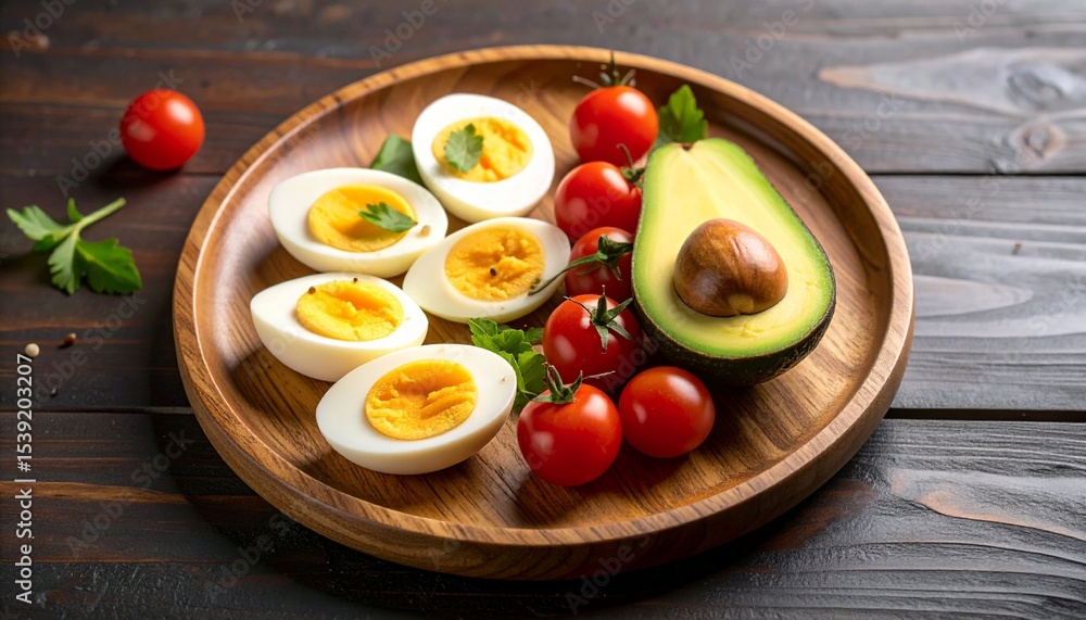 Avocado, boiled eggs and dripping tomatoes on a plate Avocado, boiled eggs and dripping tomatoes on a plate