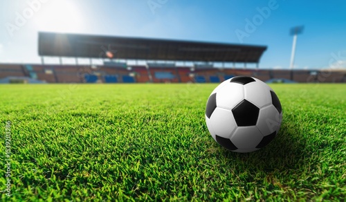 Soccer Ball sitting on green grass at a stadium 
