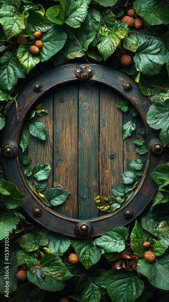 Obraz premium Wooden shield framed by lush foliage