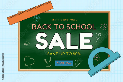 Back to school sale chalkboard with geometric rulers and discount text on a grid background. Vector illustration for seasonal promotion, shopping advertisement, online store, and marketing material.