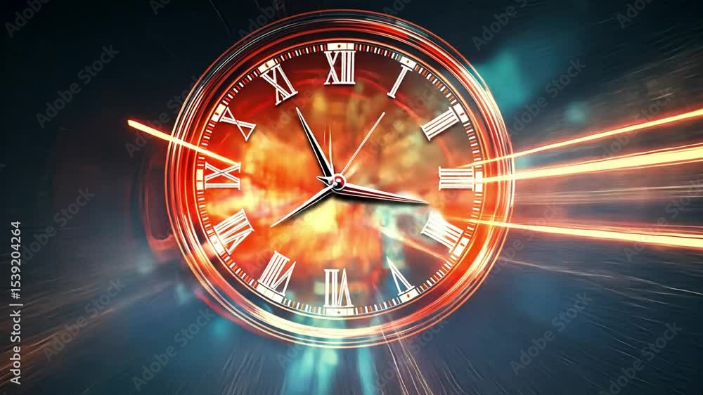 Burning clock with roman numerals and light trails moving fast Burning clock with roman numerals and light trails moving fast