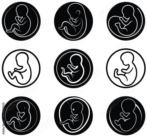 Nine simple illustrations of human fetuses in a circular frame depicting pregnancy symbolism