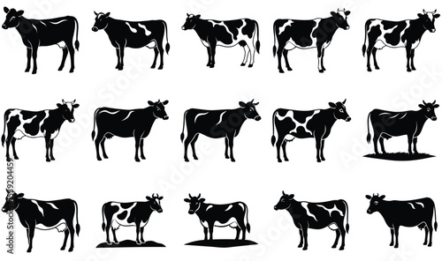 Silhouetted cows in various poses and patterns perfect for farm and agriculture designs