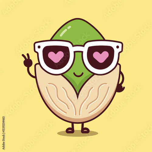 Cute pistachio cartoon character wearing sunglasses