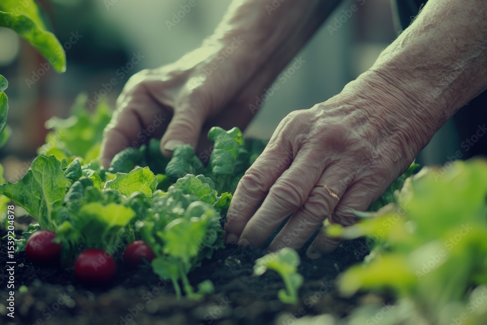 Senior gardener's hands gently nurturing young lettuce and radish plants in a fertile garden bed, a moment of connection with nature. Senior gardener's hands gently nurturing young lettuce and radish plants in a fertile garden bed, a moment of connection with nature.