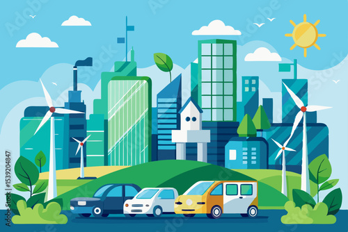 Vibrant cartoon urban cityscape vector with buildings, cars, and green trees under a clear sky, illustrating modern city life