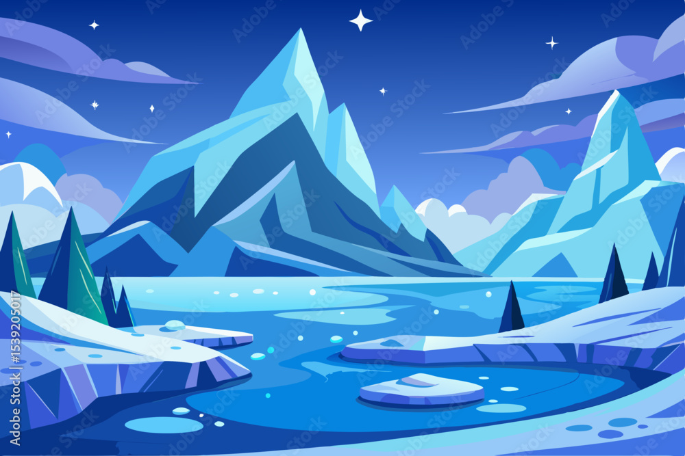 Fototapeta premium Winter mountain landscape with a sailing ship on the icy sea, featuring snow-covered trees under a cold blue sky