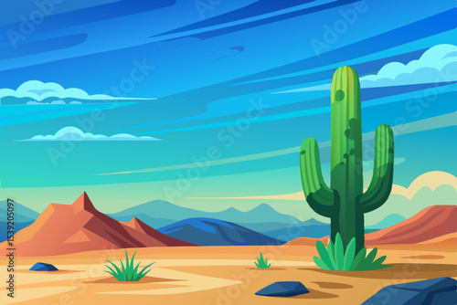 Desert landscape with sun, sand, and silhouetted cactus under a summer sky