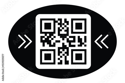 Black & white QR code centered within a solid black oval frame. Outward-facing white arrows on opposite sides indicate scanning function. Clean, minimalist, functional design on white background.
