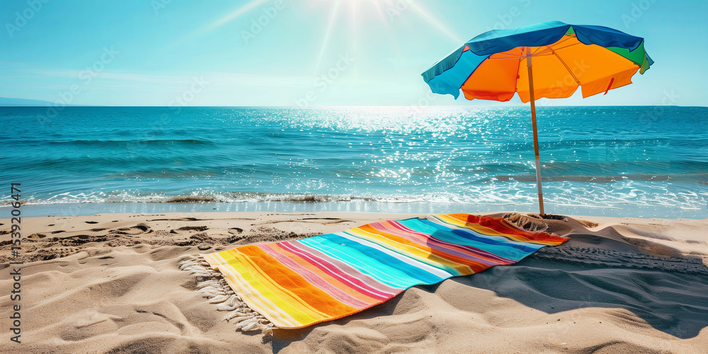 Colorful beach towel and beach umbrella with view to sand beach and sea. Colorful beach towel and beach umbrella with view to sand beach and sea.