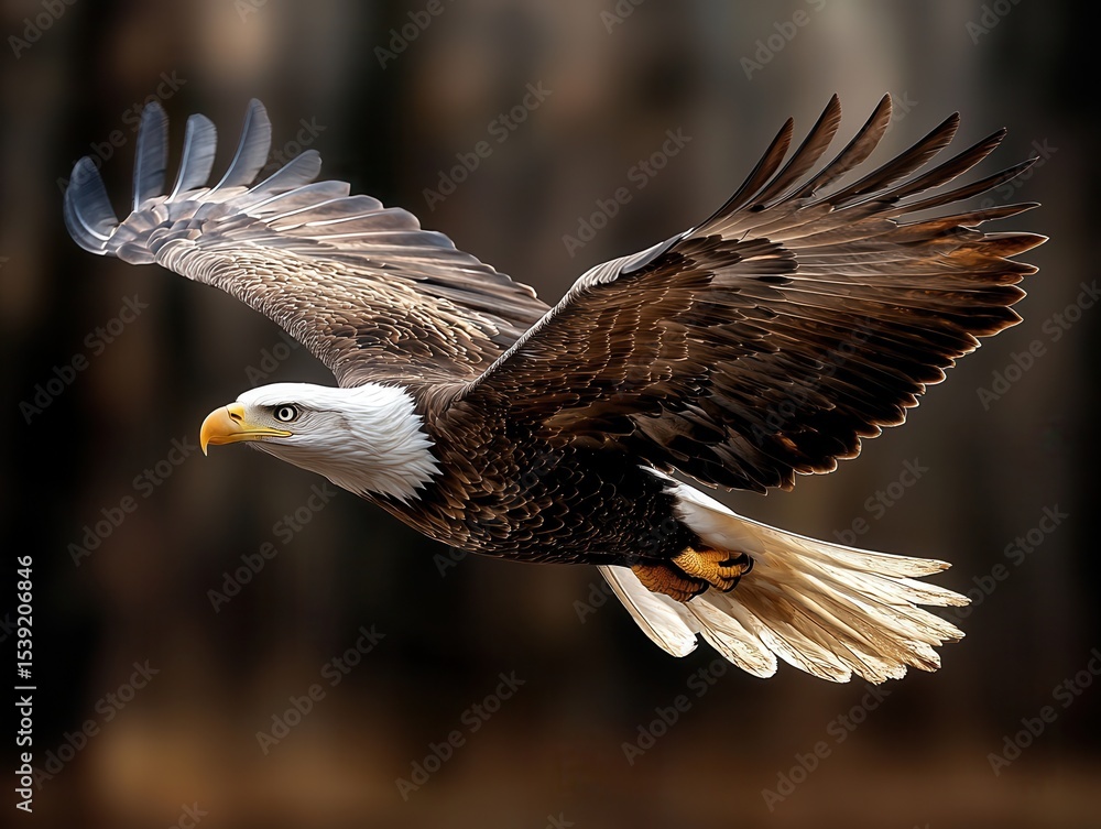 Obraz premium Majestic eagle flies gracefully in the sky, wings spread wide, with an American flag creating a vibrant background. Sunlight glistens through a hazy bokeh effect, capturing the spirit of freedom