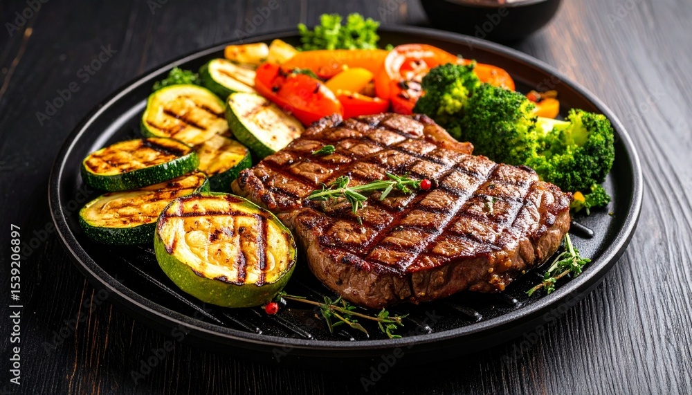 Cheesy beef steak and grilled vegetables on hot plate Cheesy beef steak and grilled vegetables on hot plate