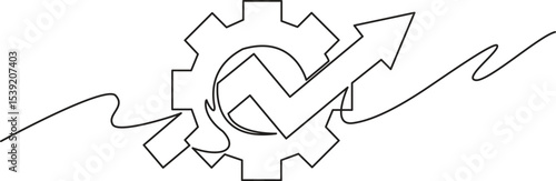 Continuous line drawing of arrow up with gear, cogwheel technology, graph business growth, object one line, vector illustration, Editable Stroke