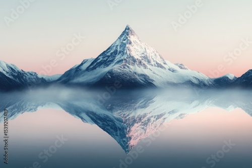 A majestic snow-capped mountain peak reflects perfectly in a calm body of water under a soft pastel sky, creating a serene landscape.