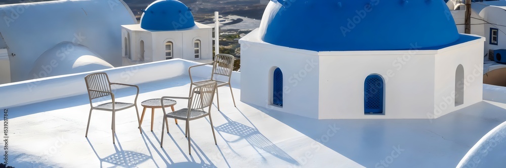 White terrace with blue dome and sun shadows in Mediterranean setting – Suitable for architectural photography, tourism ads, or summer lifestyle design White terrace with blue dome and sun shadows in Mediterranean setting – Suitable for architectural photography, tourism ads, or summer lifestyle design