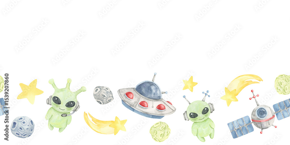 Obraz premium Red and blue UFOs, green aliens, yellow stars, and planets in seamless border watercolor clipart. Ideal for kids crafts, greeting cards, party printables, or scrapbook layouts with space themes