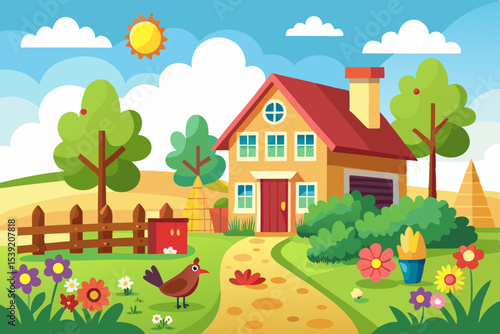 Colorful cartoon house in a summer village landscape with flowers, trees, and a clear sky