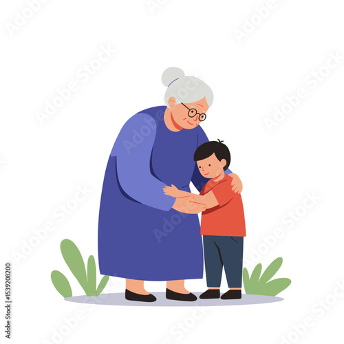 Elderly woman comforting child with a smile in a green landscape  