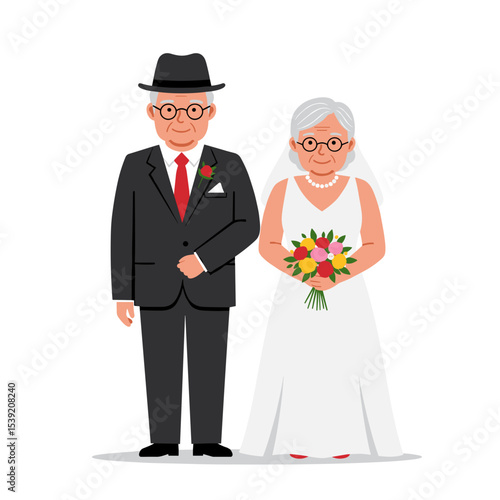 Elderly couple at wedding standing together with flowers and smiles  