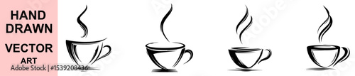 Hand drawn coffee cups vector set with steam, black ink sketch style perfect for cafe, menu, kitchen decor, restaurant branding and digital design illustrations