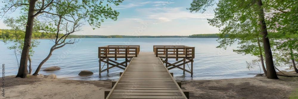 Wooden pier on peaceful summer lake with sandy shore – Ideal for vacation promotions, outdoor lifestyle branding, or relaxation themes Wooden pier on peaceful summer lake with sandy shore – Ideal for vacation promotions, outdoor lifestyle branding, or relaxation themes