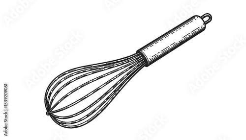 A detailed illustration of a whisk in a classic line art style
