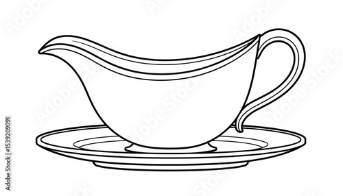 An elegant illustration of a gravy boat with a plate in a classic line art style