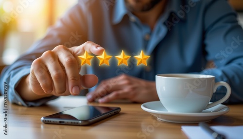 Man Giving Rating with Stars in Modern Cafe Setting
