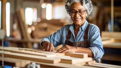 Smiling senior woman working with wood in a workshop, crafting and woodworking concept, creative hobby, lifestyle