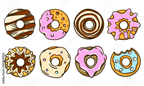 Big set of colorful donuts in glaze and chocolate. Tasty cartoon pastries with toppings. Flat vector illustration for cafe menu, bakery promo, food design, or dessert decoration.