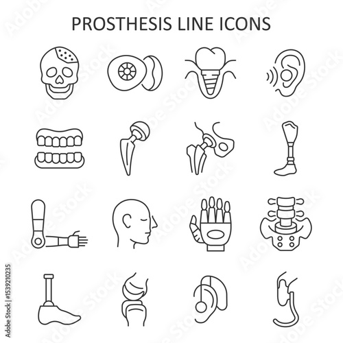 Prosthetics line icon set. Vector collection of prostheses with implant, hearing aid, hip joint, bionic arm, prosthetic leg.