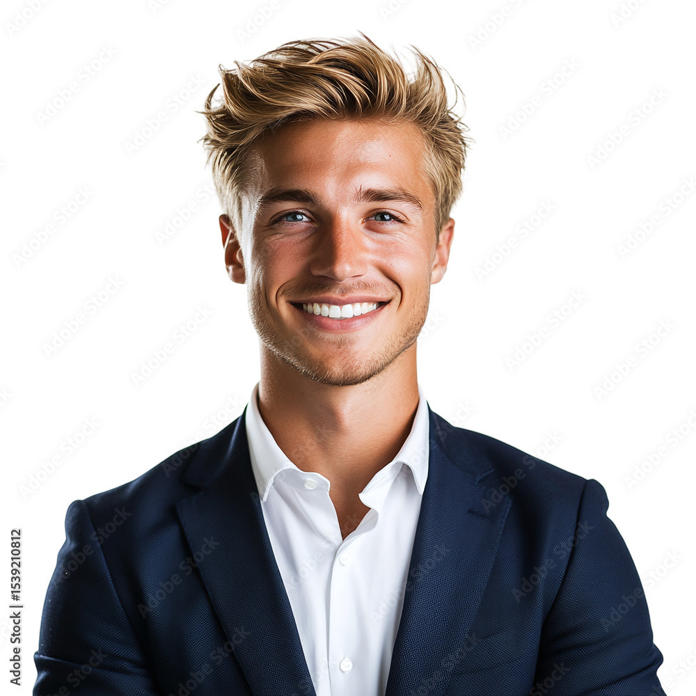 A handsome good looking young businessman with blonde hair, happy smiling, isolated on transparent background. A handsome good looking young businessman with blonde hair, happy smiling, isolated on transparent background.