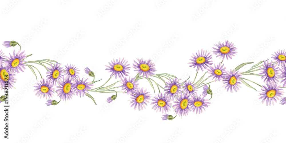 Purple flowers with yellow centers, asters with green stems in a loose horizontal arrangement. Seamless border Watercolor clipart for greeting card designs, wedding invitations, or stationery borders Purple flowers with yellow centers, asters with green stems in a loose horizontal arrangement. Seamless border Watercolor clipart for greeting card designs, wedding invitations, or stationery borders