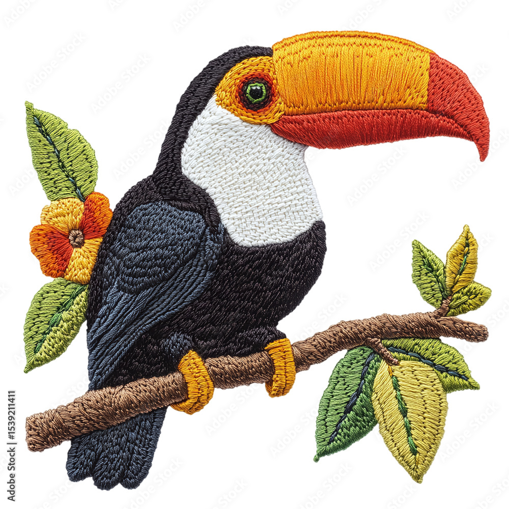 Obraz premium Embroidery toucan on a branch isolated white.