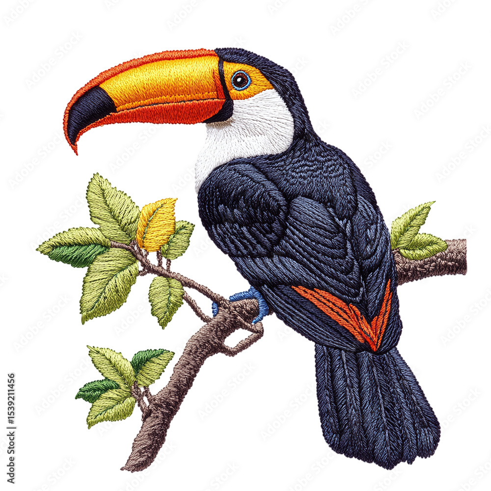 Obraz premium Embroidery toucan on a branch isolated white.