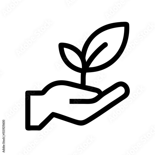 Eco-Friendly Hand with Sprout Outline Icon:
Black outline icon of a hand holding a sprouting plant, symbolizing eco-friendliness, sustainability, and green growth.