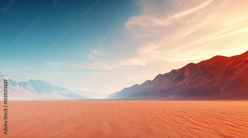 Naklejka premium Vast desert landscape with reddish sand and distant mountain ranges under a clear blue sky with soft clouds and warm sunlight.