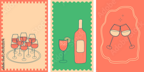 Hand drawn wine posters set. Cocktail, alcohol beverage. Wine tasting concept. Collection of wine vector design elements for restaurant menu, invitation for an event, festival, party.