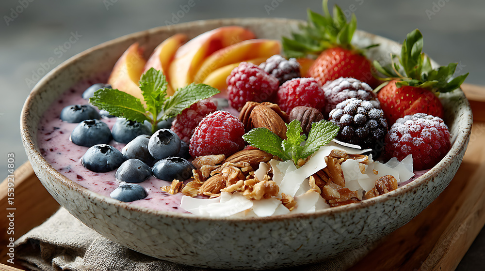 Delicious and healthy smoothie bowl with fresh berries nuts and refreshing mint leaves Delicious and healthy smoothie bowl with fresh berries nuts and refreshing mint leaves